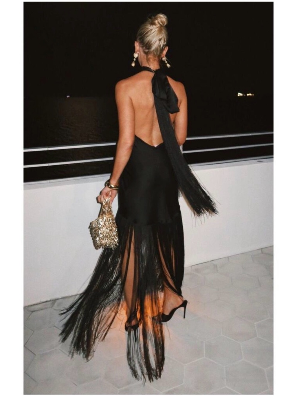 Show Me Your Mumu Jasmine Fringe Maxi in Black Luxe Satin S NWT